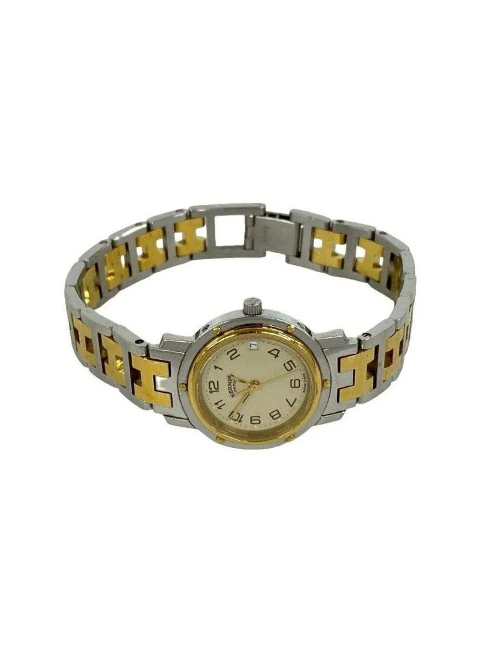 Hermes Clipper Stainless Steel Quartz Watch Wristwatch Silver Gold